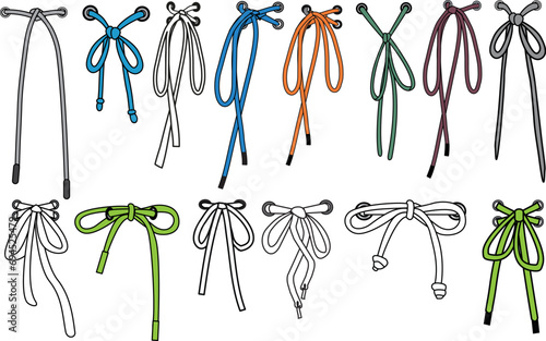 Drawstring cord flat sketch vector illustrator. Set of bow knot Draw string with aglets for Waist band, bags, shoes, jackets, Shorts, Pants, dress garments, Drawcord for Clothing to pulled or tighten
