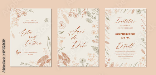 Two side wedding invitation with hand drawn summer herbs. Vertical wildflowers design. Vector illustration in sketch style. Meadow flowers aesthetic background