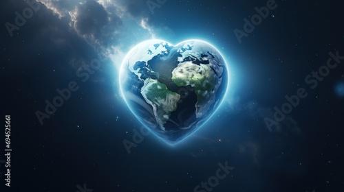  the earth in the shape of a heart in the middle of the night sky with clouds and stars in the background.