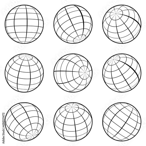 Collection of outline earth globes. Monochrome globe icon photo