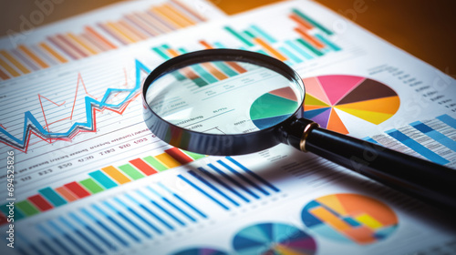Printed business documents with colorful charts and graphs being analyzed through a magnifying glass photo
