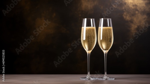  two glasses of champagne sitting next to each other on a table with a dark wall in the backround.