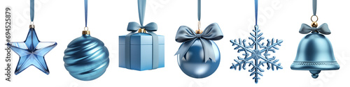 Christmas decorations for the Christmas tree in blue color on a transparent background. Set of Christmas decorations, design elements on a white background. Snowflake, star, gift box, ball and bell.