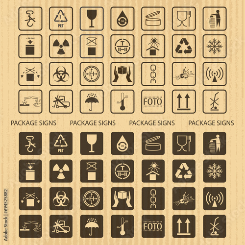 Vector packaging symbols set on cardboard background: Don't roll, litter,  biohazard, toxic, No hand- or forklift truck, Handling with care, Protect from radiation and other signs and icons. Use on pa