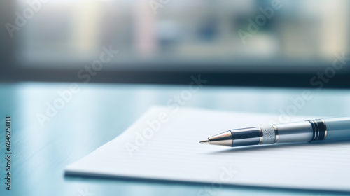 Pen lying on a contract or application form, wide angle view.