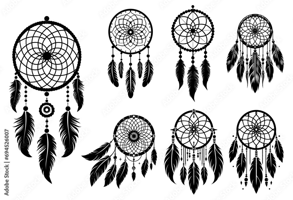 Dreamcatchers set with feathers and beads for ethnic, poster, greeting card,  tribal indian symbol, vector illustration. - obrazy, fototapety, plakaty 