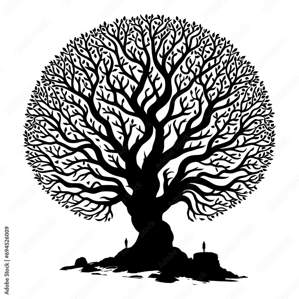 Silhouette of a  large spreading tree, old big family tree with roots, vector illustration.