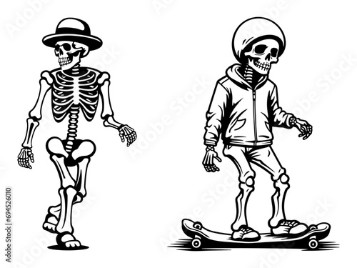 Set of  skeletons with different activities, riding a skateboard, skeleton wearing hat, vector illustration.