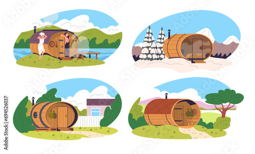 Barrel sauna. Wellness outside banya wooden spa cabin in nature landscape, rustic outdoor bathhouse people winter relax wood bath countryside scenery, classy vector illustration