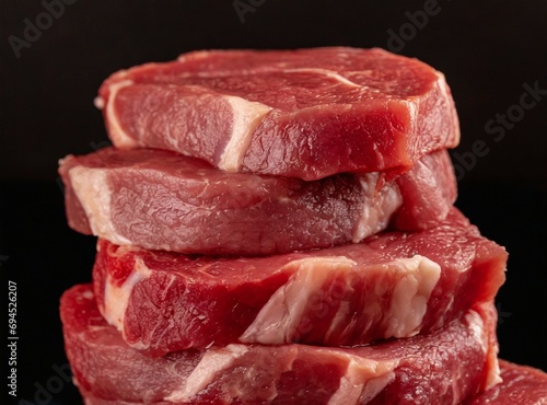 Raw beef steaks isolated on black background, closeup