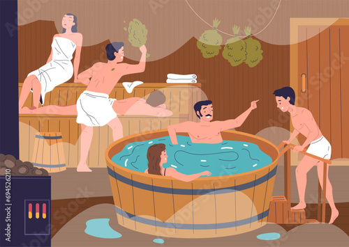 People relaxing sauna. Woman and man in towels on wooden bench relaxation public bathhouse dry heat steam room, wellness sweat