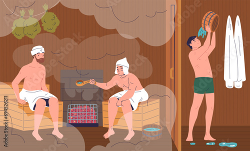 Men in sauna. Guys friends in towels relaxation at finnish banya heating steam bathhouse room, wellness spa hot bath, sweat man on bench bathing therapy, classy vector illustration