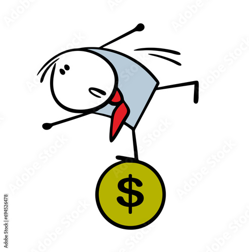 Cartoon sad businessman stands on one leg and balances on a coin with a dollar. Vector illustration of man in business suit drawing, trading currency. Isolated funny character on white background.