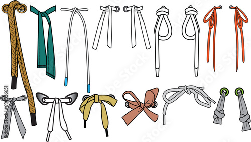 Drawstring cord flat sketch vector illustrator. Set of bow knot Draw string with aglets for Waist band, bags, shoes, jackets, Shorts, Pants, dress garments, Drawcord for Clothing to pulled or tighten photo