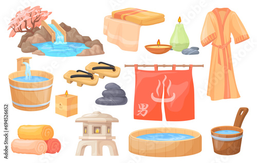 Japanese hot spring. Onsen lifestyle spa sauna elements japan winter resort nature hot-spring, outdoors hot pool and open air wood bath in curtain, cartoon neat vector illustration