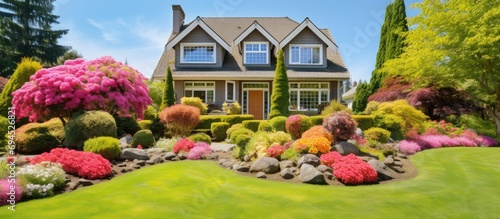 Luxurious suburban house with a beautifully landscaped front yard and colorful flower garden on a sunny day.