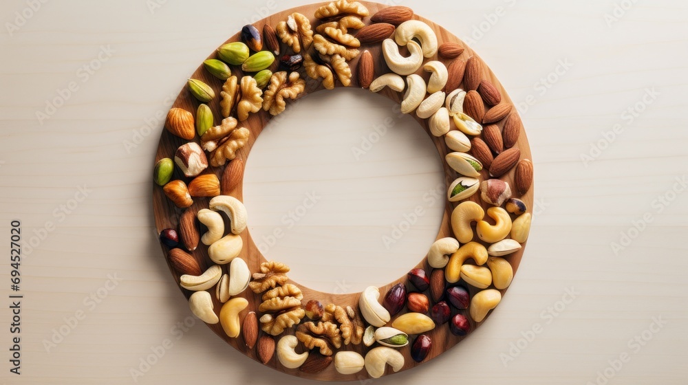 a letter made out of nuts and nutshells on top of a wooden board with the letter o in the middle. a letter made out of nuts and nutshells on top of a wooden board with the letter o in the middle.