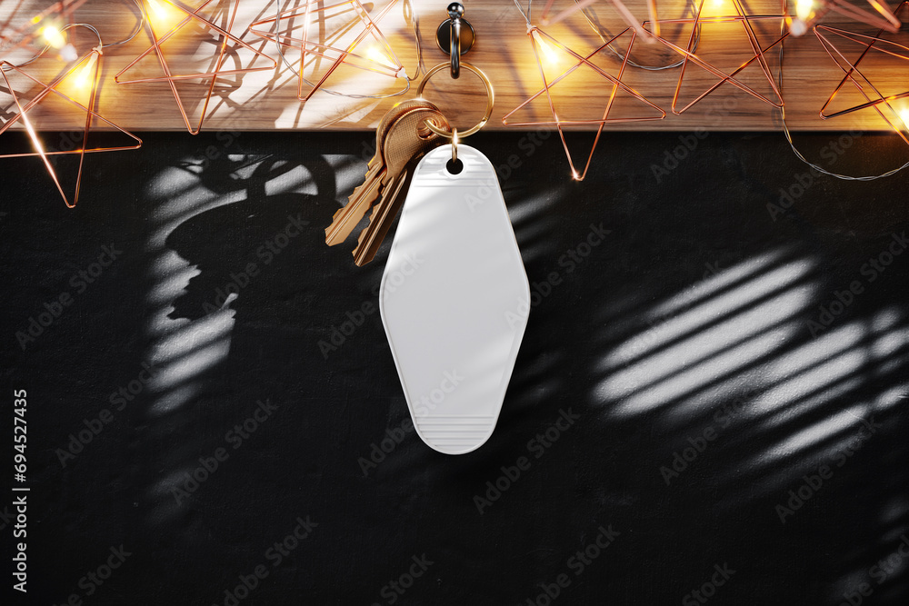 Plastic branded keychain hanging on a hook mockup. 3D rendering - obrazy, fototapety, plakaty 