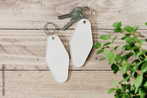 Two plastic key tags mockup. 3D rendering photo