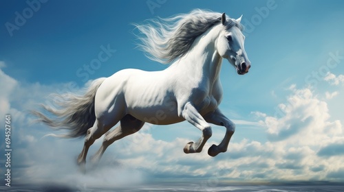  a white horse is galloping through the air in front of a blue sky with clouds and blue sky in the background.