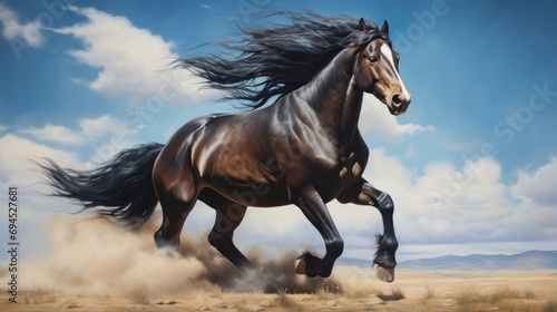  a painting of a horse galloping through a field with a blue sky in the background and clouds in the foreground. © Anna