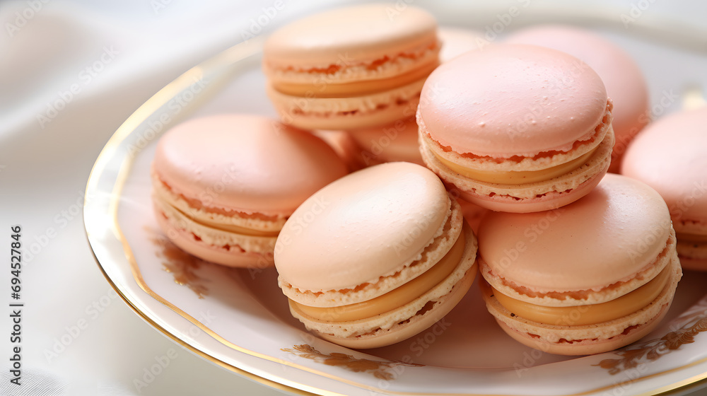 Peach and Cream Macarons on a Gold-Rimmed Porcelain Plate Peach and Cream Macarons on a Gold-Rimmed Porcelain Plate