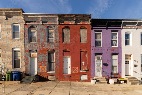 Colorful Vacant Row houses with do not enter symbols in East Baltimore photo