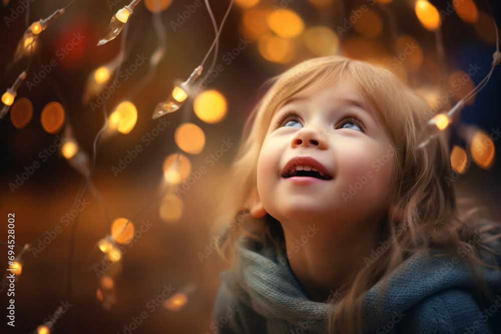 A child rejoices at the Christmas garlands. The girl looks up at the fairy-tale sky. Concept: children and festive mood. A child rejoices at the Christmas garlands. The girl looks up at the fairy-tale sky. Concept: children and festive mood.