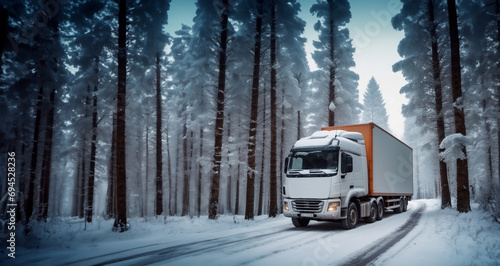 truck with a trailer is driving along a snowy winter road in icy conditions, working as a truck driver photo