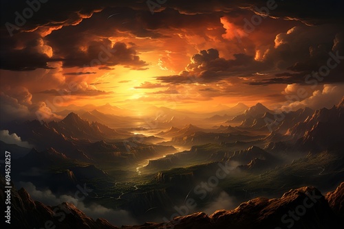 A mystical valley is bathed in the golden light of sunset, with dramatic clouds unfolding above.
