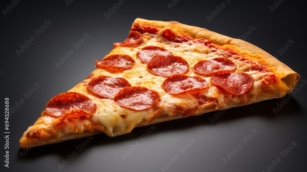 A pepperoni pizza slice captured from below, giving an unusual perspective of the toppings A pepperoni pizza slice captured from below, giving an unusual perspective of the toppings