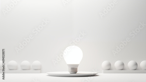 minimalist interior design with ecological low energy light bulb lit; isolated on white blank background with empty copy space for environmentalist advertisement. Lamp in a clean, neat room