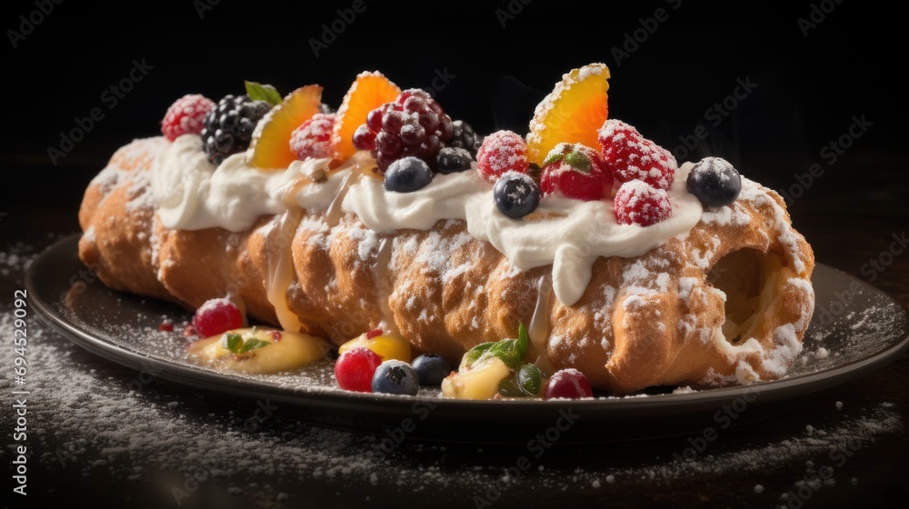a close up of a pastry on a plate with fruit on top of it and powdered sugar on the side. a close up of a pastry on a plate with fruit on top of it and powdered sugar on the side.