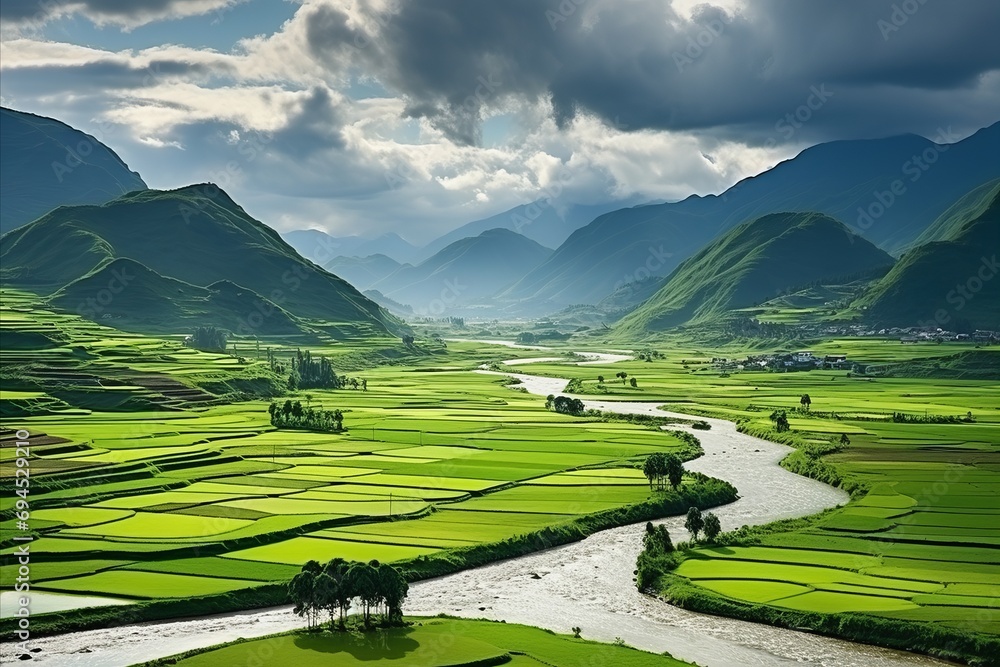 Verdant Valleys and River in Misty Mountain Landscape