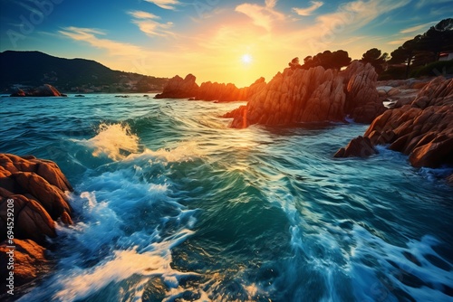 Sunset at Rugged Coastline with Turquoise Waves