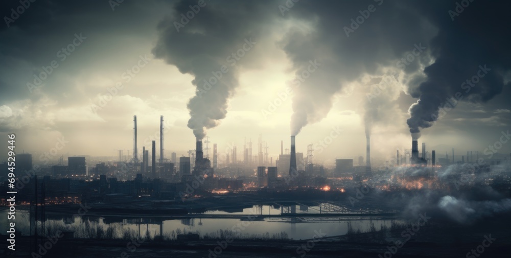 Industrial landscape with smoking chimneys of a power plant and a river. AI generated