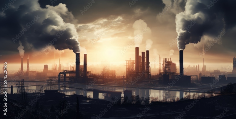 Industrial landscape with smoking chimneys of power plant. AI generated