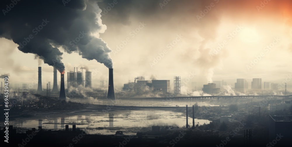 Industrial landscape with smoking chimneys. Global warming and climate change concept, AI generated