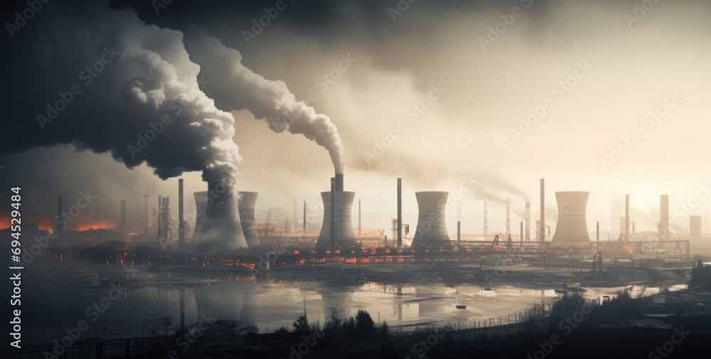 Power plant with smoking chimneys in the fog. Industrial background. AI generated