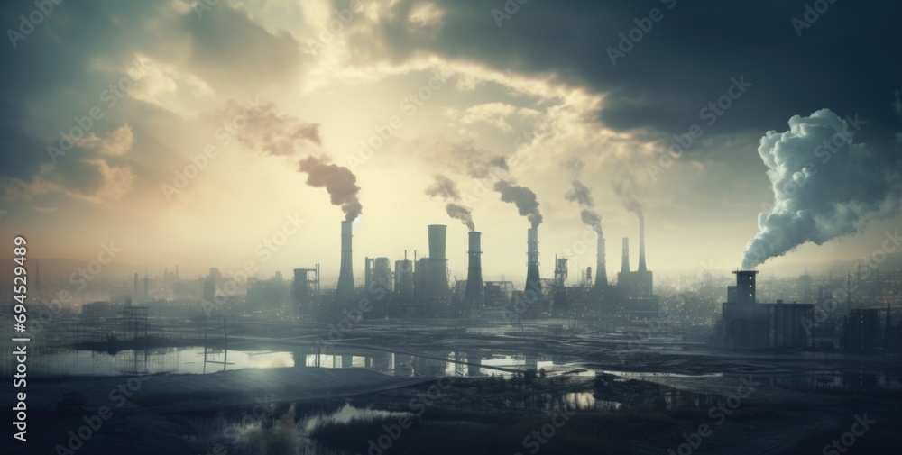 Industrial landscape with smoking chimneys of oil and gas plant. AI generated