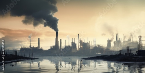 Industrial landscape with smoking chimneys on the background of the river, AI generated