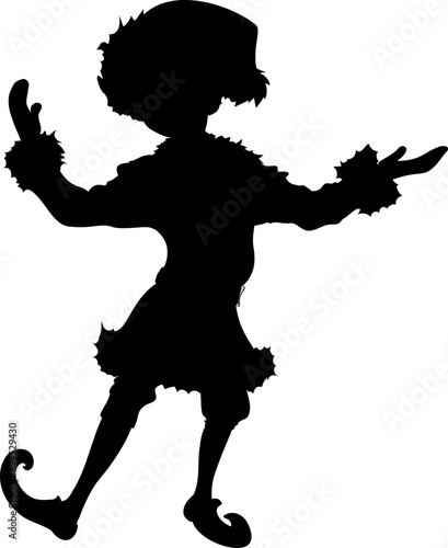 Shape of Christmas elf, Santa assistant in fur coat, fur cap with bauble. 
Vector illustration of young Christmas elf with small beard, Santa Claus's assistant. Posing with arms raised to the sides. 
