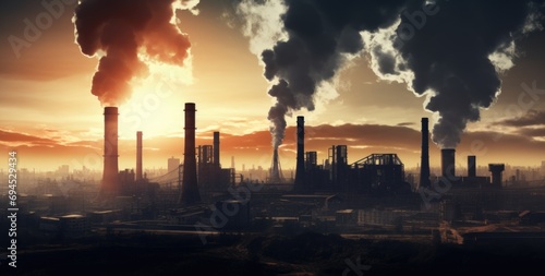 Industrial landscape with smoking chimneys at sunset. AI generated image
