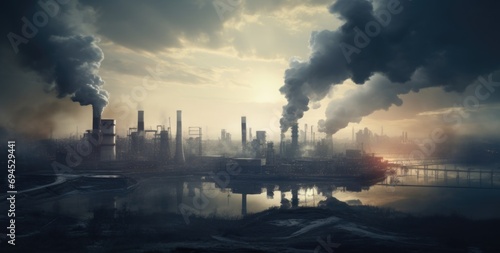 Industrial landscape with smokestacks at sunrise. AI generated