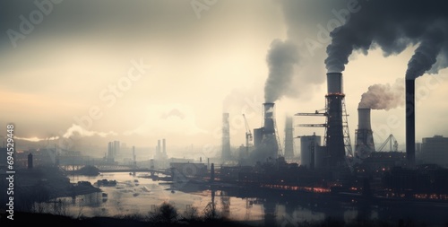 Industrial landscape with smoking chimneys and river. Toned image. AI generated