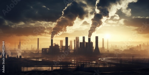 Foggy industrial landscape with smokestacks. AI generated image