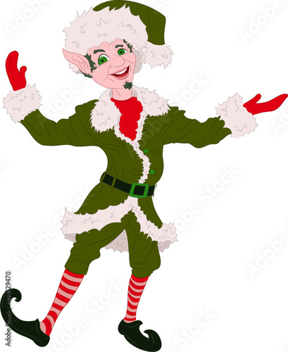 Christmas elf, Santa assistant in fur coat, fur cap with bauble and in striped knee socks. 
Vector illustration of young Christmas elf with small beard. Posing with arms raised to the sides.