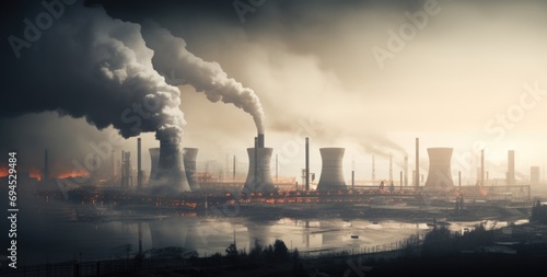 Power plant with smoking chimneys in the fog. Industrial background. AI generated