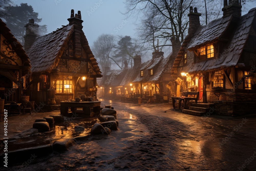 A charming old village street lined with thatched cottages is illuminated by warm lights against the night sky.