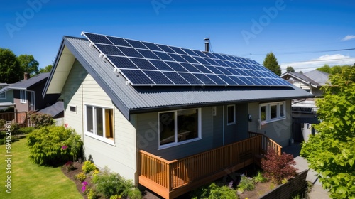 House with solar panels installed on the roof. Alternative energy source. AI generated image